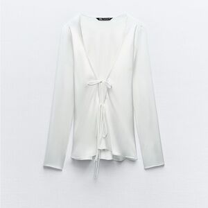 Zara White Satin Effect Tied Blouse
